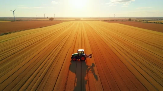 Vista aérea de un campo con diferentes zonas diferenciadas por color que representan la variabilidad de la fertilización de ultra-precisión en agricultura