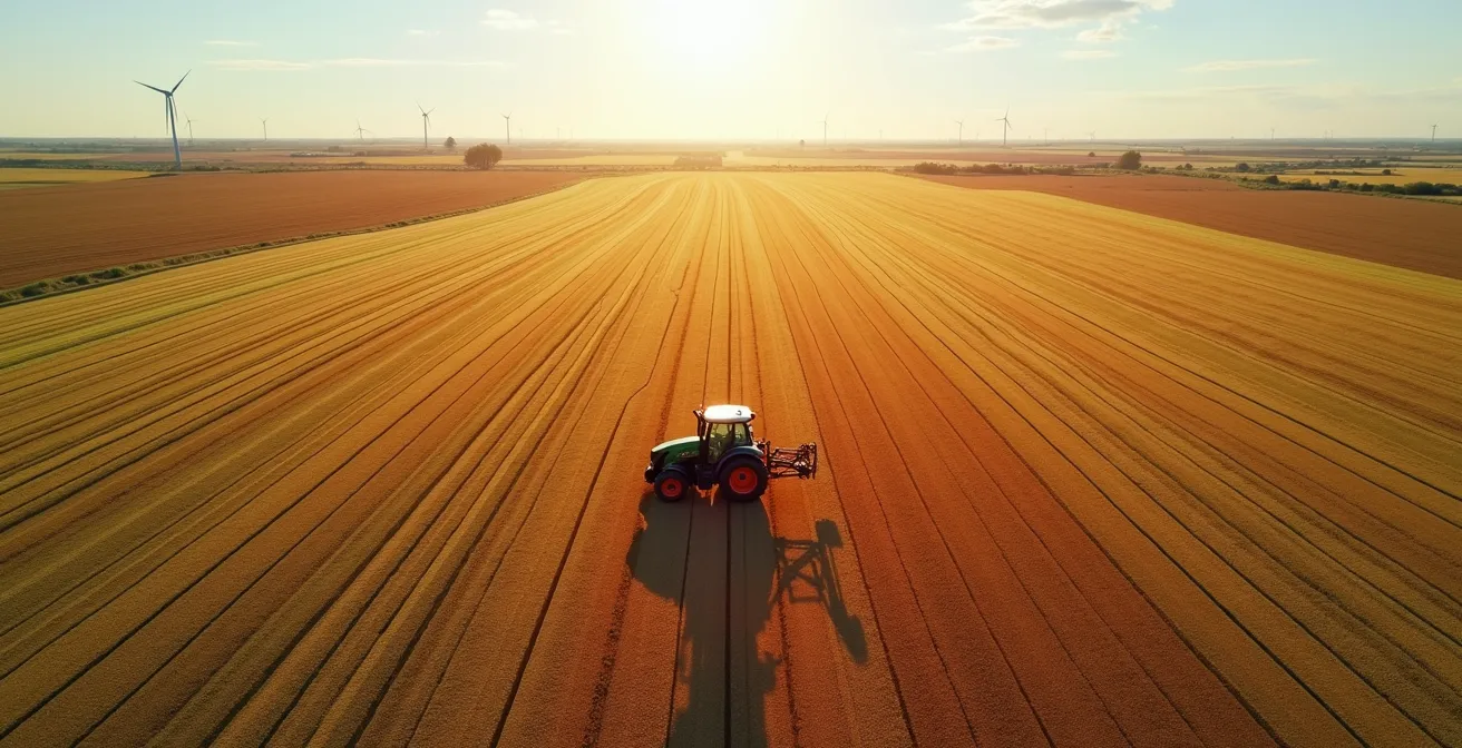Vista aérea de un campo con diferentes zonas diferenciadas por color que representan la variabilidad de la fertilización de ultra-precisión en agricultura