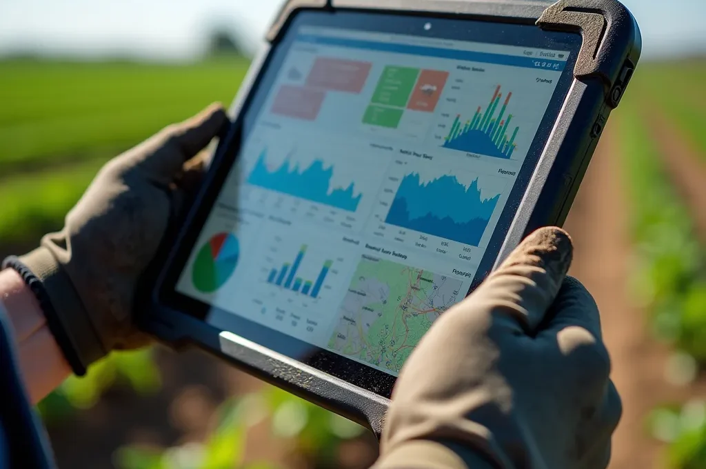 Agricultor con guantes sucios probando aplicación móvil agrícola en tablet bajo luz solar directa en el campo
