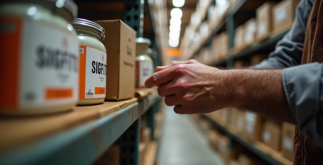 Interior de almacén agrícola con estanterías organizadas, bandejas de segregación de residuos para SIGFITO, sistema de etiquetado por lotes, luz natural controlada y zona de acondicionamiento.