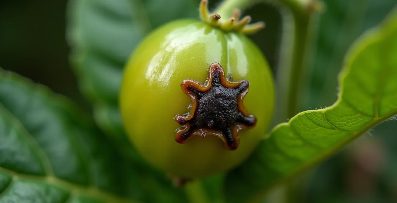 Hoja de pimiento con síntomas de bloqueo de calcio visible junto a hoja sana, mostrando necrosis apical característica
