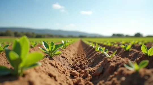 Campo agrícola español moderno con sensores de suelo instalados, planta y cielos soleados representando tecnología agrícola avanzada