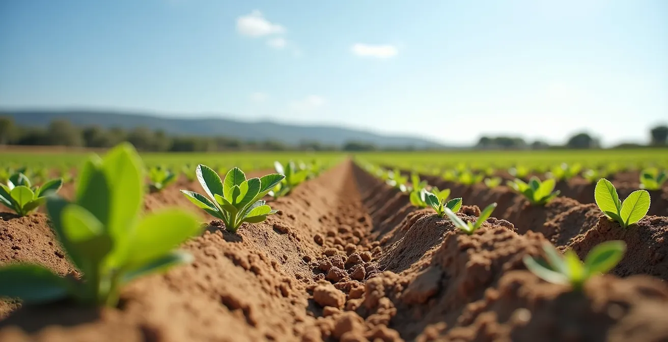 Campo agrícola español moderno con sensores de suelo instalados, planta y cielos soleados representando tecnología agrícola avanzada