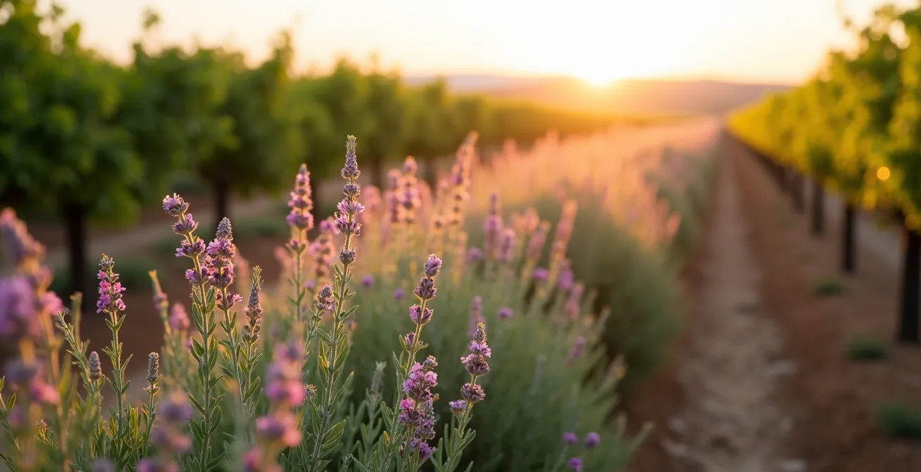 Una banda floral con especies autóctonas mediterráneas (romero, lavanda, hinojo) en el borde de un cultivo de vid en La Rioja, con insectos auxiliares como mariquitas, sírfidos y parasitoides alimentándose de flores mientras controlan naturalmente plagas cercanas.