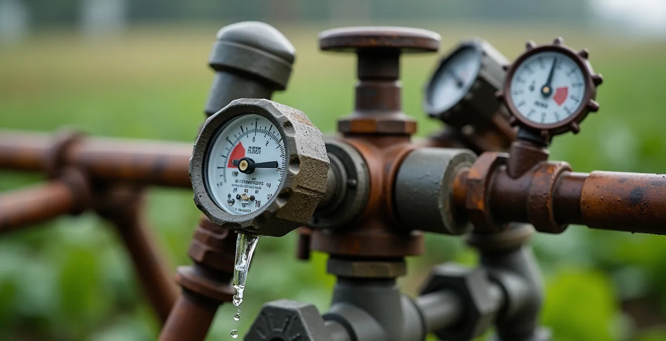 Fotografía editorial de un cabezal de riego moderno con diferentes componentes de filtración, válvulas y medidores de presión en instalación agrícola real