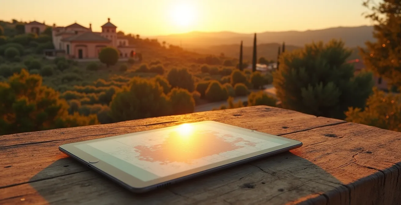 Centro de control digital de una finca agrícola mostrando mapas de parcelas y datos de cultivos en tiempo real, reflejando la integración de operaciones agrícolas en una plataforma unificada