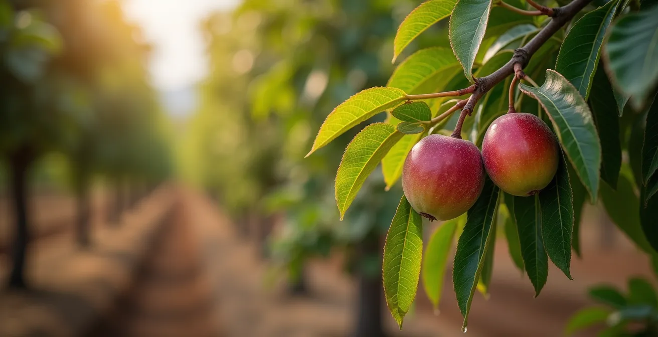 Fotografía editorial mostrando planta de cultivo leñoso con diferentes niveles de estrés hídrico visible en hojas, demostrando dinámicamente el concepto de riego deficitario controlado
