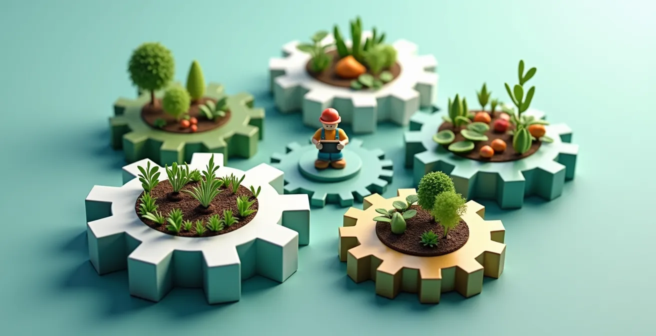 Infografía de las cinco palancas estratégicas de eficiencia agrícola: biología, logística, energía, sostenibilidad y capital humano