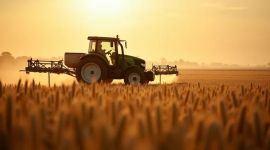 Tractor moderno con tecnología ISOBUS pulverizando cultivo de cereales en campo español con precisión milimétrica, símbolos de datos digitales flotantes