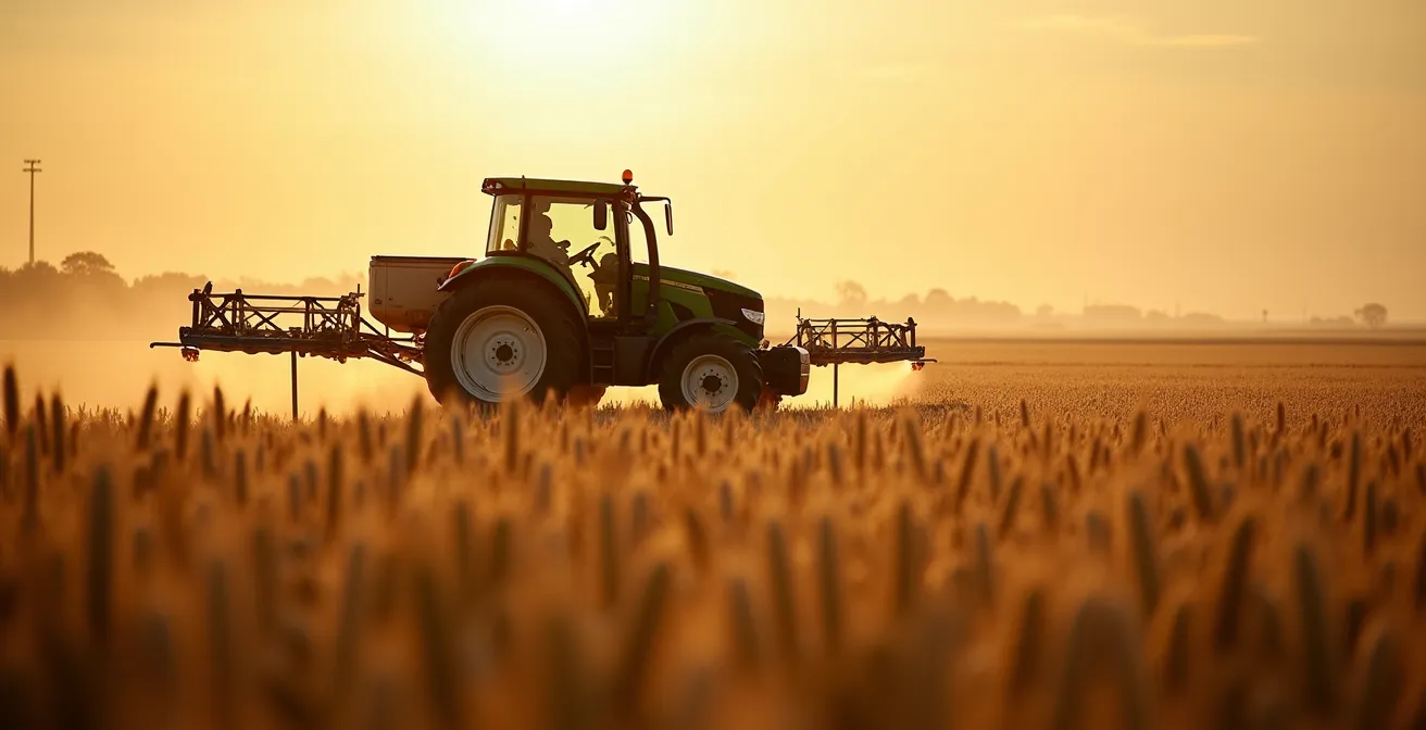 Tractor moderno con tecnología ISOBUS pulverizando cultivo de cereales en campo español con precisión milimétrica, símbolos de datos digitales flotantes