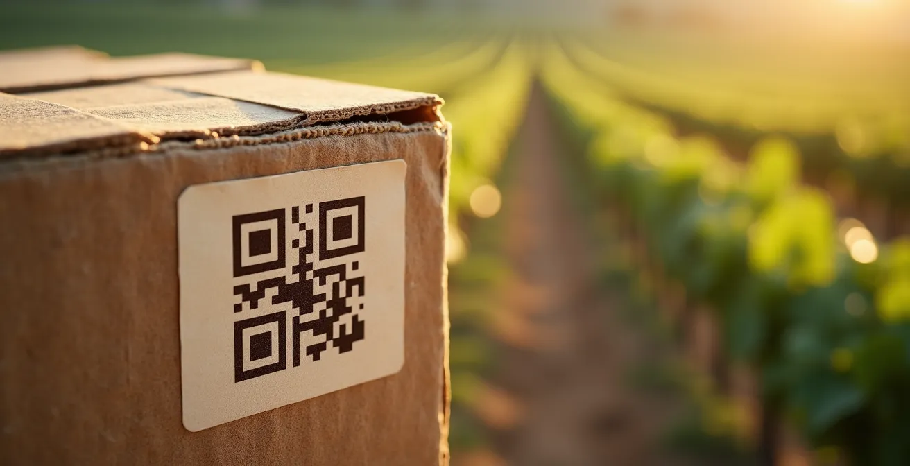 Código QR de trazabilidad en etiqueta de producto agrícola con denominación de origen protegida, mostrando la conexión entre origen, producción y consumidor final