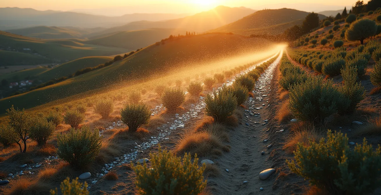 Visualización de distribución desigual de agua en sistemas de riego por goteo en terreno con pendiente montañosa de olivar