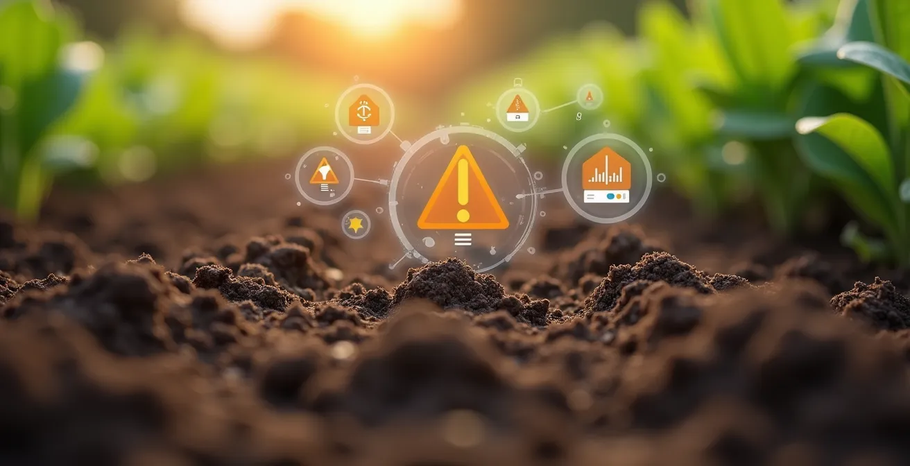 Gráfico visual abstracto que representa alertas digitales flotantes conectadas a dispositivos sensores en suelo agrícola en España