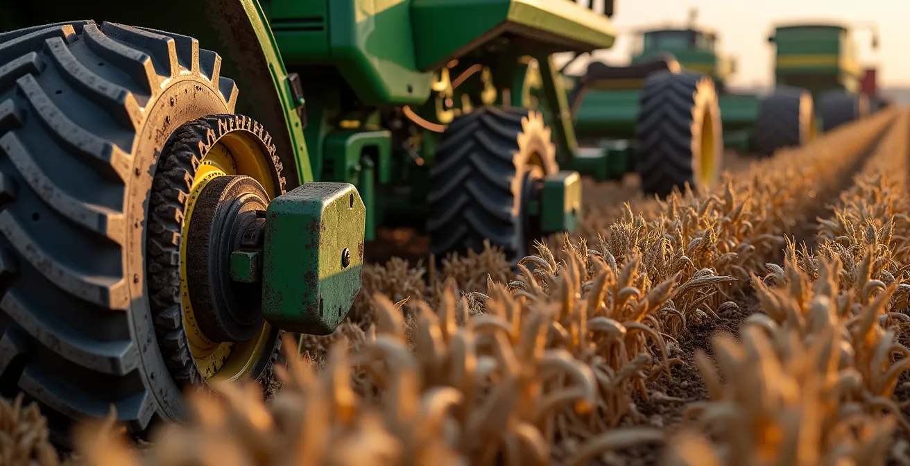 Vista coordinada de maquinaria agrícola durante cosecha, mostrando sincronización between tractores, cosechadoras y remolques en el campo.