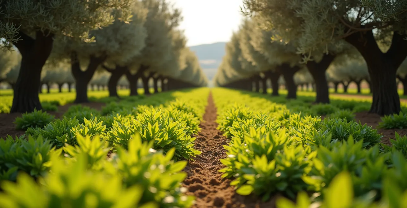 Hilera de árboles (olivar, viñedo o almendro) con cubierta vegetal viva visible entre plantas; composición aérea mostrando contraste entre suelo cubierto verde y viñas/olivos estructura.