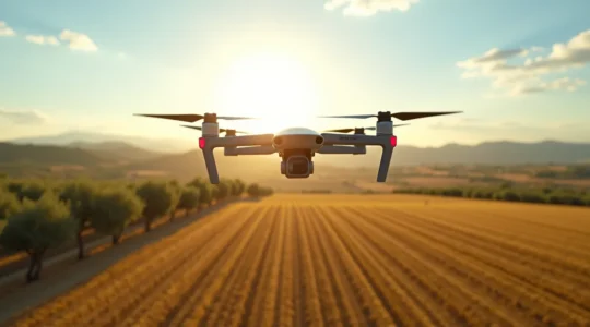 Vista aérea de campos españoles con dron agrícola multiespectral realizando diagnóstico de cultivos en vuelo