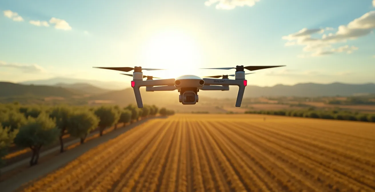 Vista aérea de campos españoles con dron agrícola multiespectral realizando diagnóstico de cultivos en vuelo