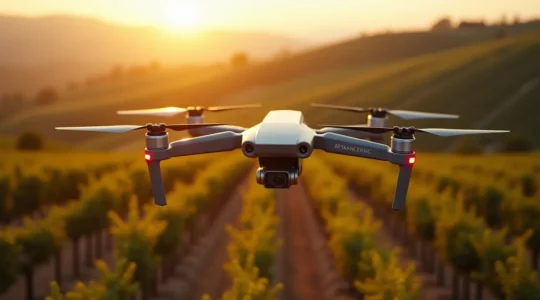 Dron de agricultura de precisión volando sobre un campo de cultivo español con viñedo y olivar al atardecer, capturando datos multiespectrales