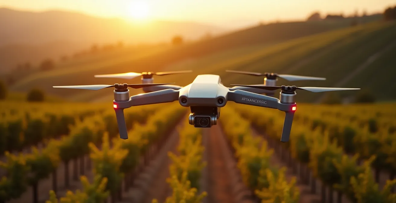 Dron de agricultura de precisión volando sobre un campo de cultivo español con viñedo y olivar al atardecer, capturando datos multiespectrales