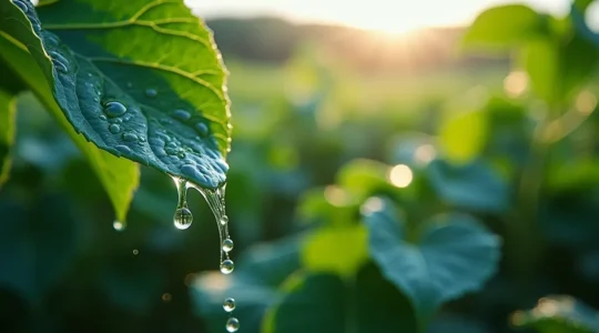 Gotas de agua cayendo sobre hojas verdes de plantas de cultivo, representando la precisión del riego agrícola