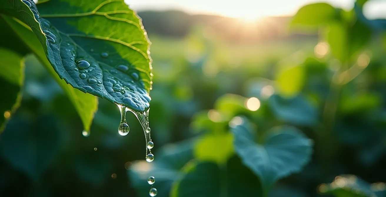 Gotas de agua cayendo sobre hojas verdes de plantas de cultivo, representando la precisión del riego agrícola