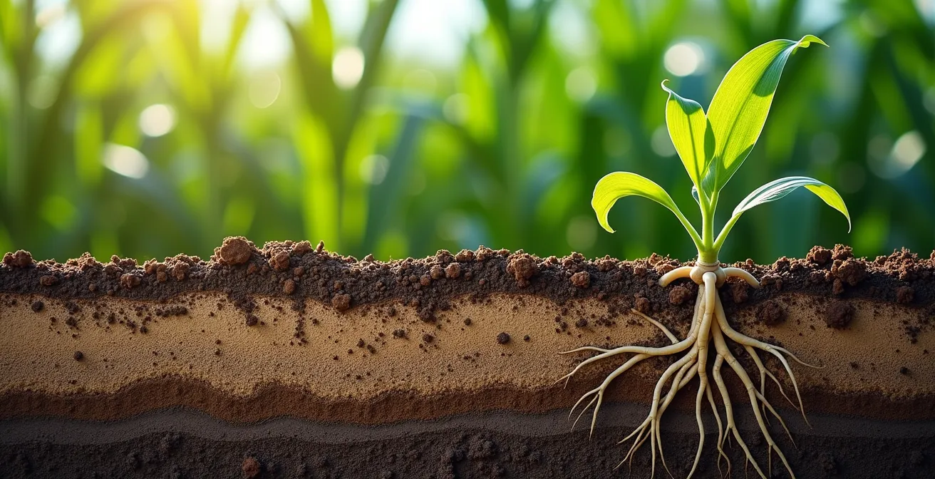 Contraste visual entre un maíz que parece perfectamente verde en la superficie pero cuyas raíces y vasculatura interna muestran signos de estrés hídrico severo detectables solo con sensores especializados, en un campo de Aragón bajo estrés climático.