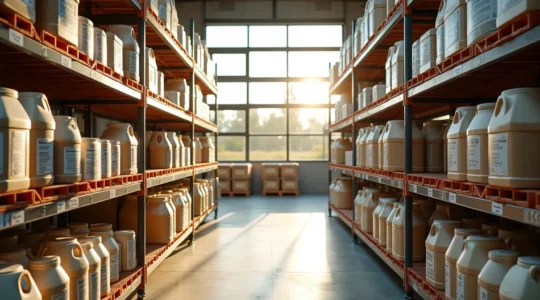 Una finca inteligente con zonas organizadas de almacenamiento de insumos agrícolas, mostrando estanterías bien clasificadas, herramientas modernas y una granja de fondo bajo luz dorada