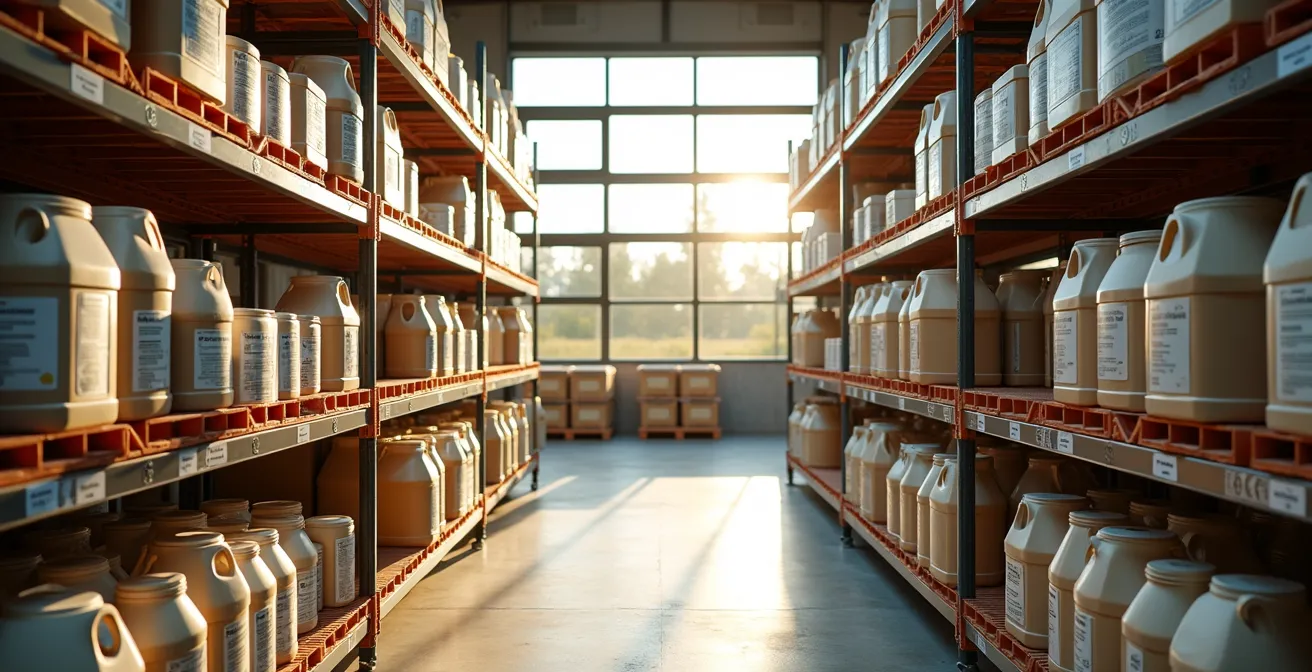 Una finca inteligente con zonas organizadas de almacenamiento de insumos agrícolas, mostrando estanterías bien clasificadas, herramientas modernas y una granja de fondo bajo luz dorada