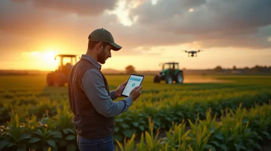 Agricultor utilizando tecnología digital avanzada en campo moderno con drones, sensores y equipos agrícolas inteligentes
