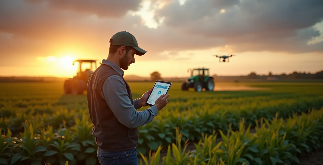 Agricultor utilizando tecnología digital avanzada en campo moderno con drones, sensores y equipos agrícolas inteligentes