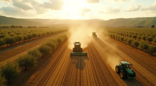 Una moderna explotación agrícola española con maquinaria coordinada durante la cosecha, mostrando eficiencia operativa y sincronización de recursos.