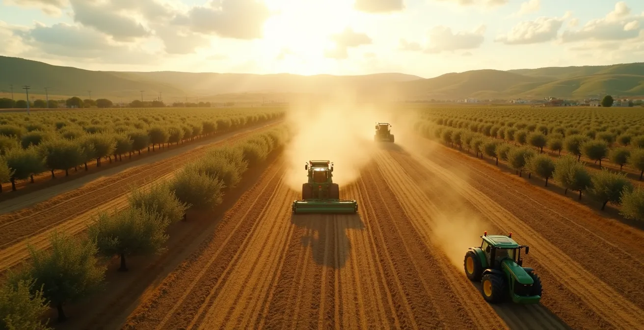 Una moderna explotación agrícola española con maquinaria coordinada durante la cosecha, mostrando eficiencia operativa y sincronización de recursos.