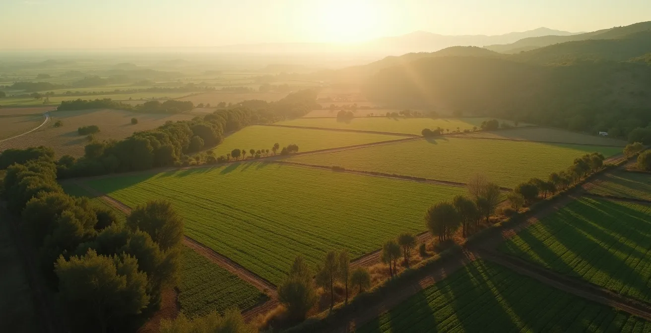 Mapa aéreo de una finca española con límites de geofencing trazados sobre campos y caminos públicos