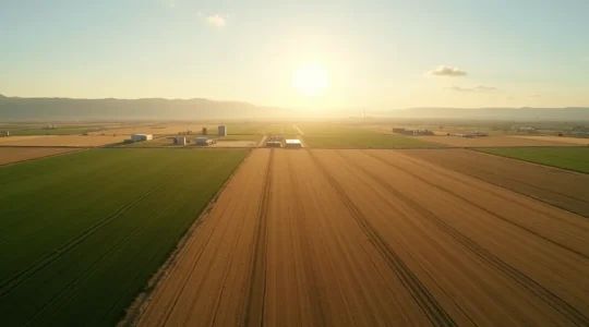 Ilustración editorial de una explotación agrícola a gran escala con sistemas de gestión integrados, paisaje español de cultivos extensivos