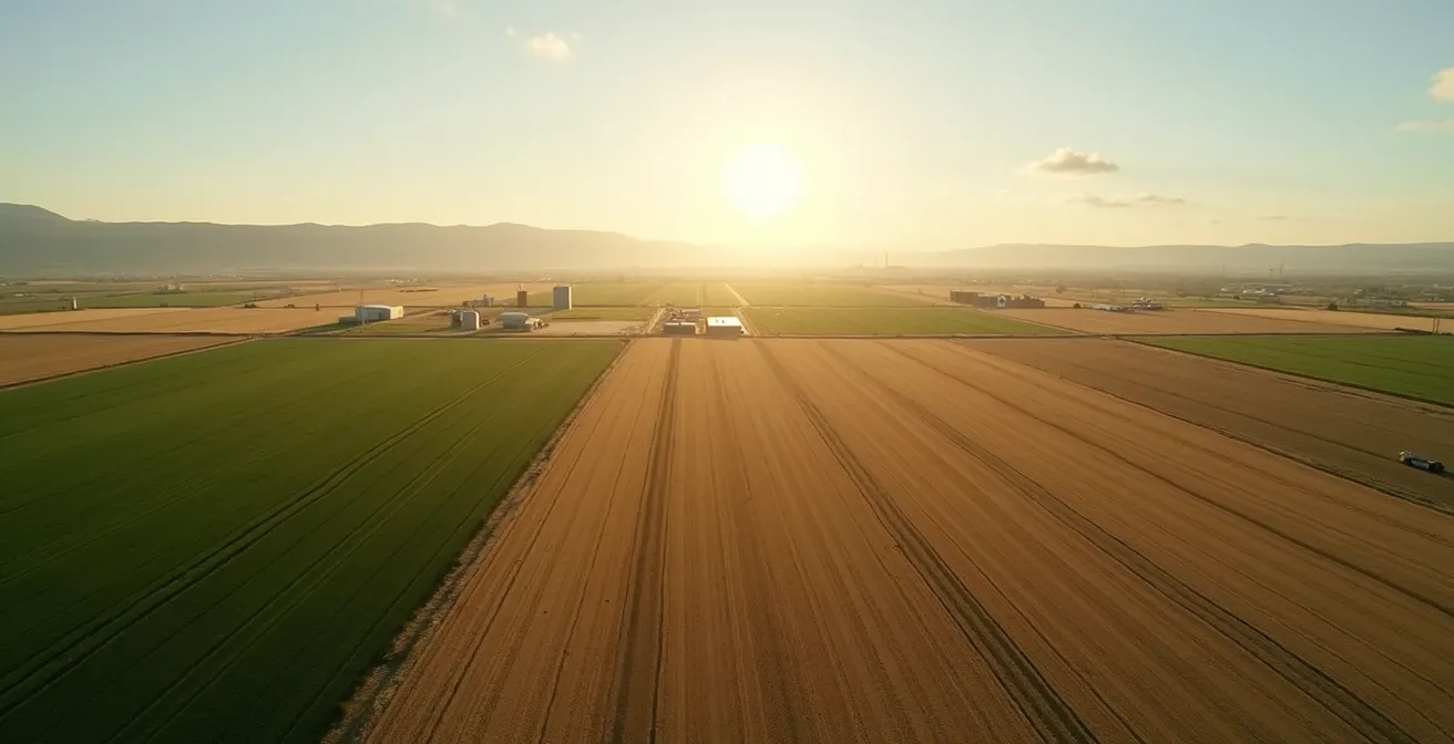 Ilustración editorial de una explotación agrícola a gran escala con sistemas de gestión integrados, paisaje español de cultivos extensivos