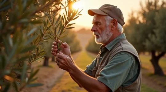 Un agricultor observa atentamente las hojas de una planta en un olivar andaluz, utilizando herramientas tradicionales y modernas para detectar signos tempranos de plagas o enfermedades en cultivos mediterráneos españoles.