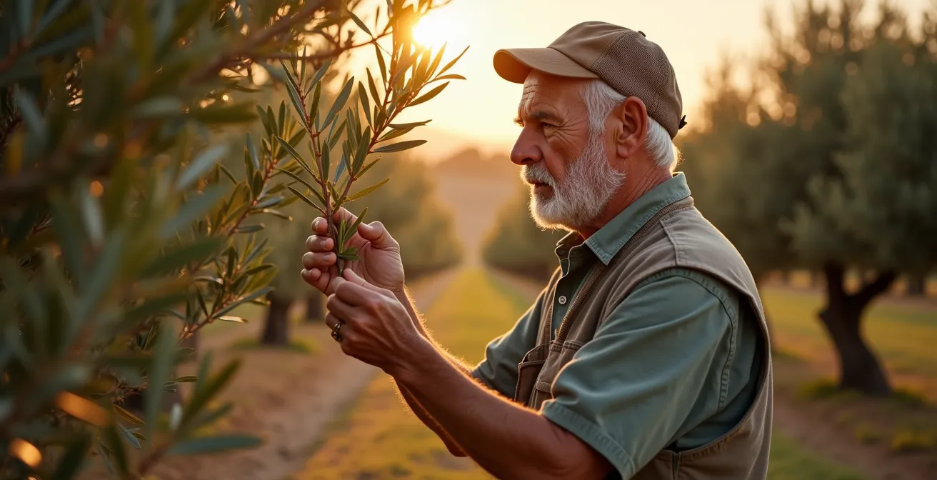 Un agricultor observa atentamente las hojas de una planta en un olivar andaluz, utilizando herramientas tradicionales y modernas para detectar signos tempranos de plagas o enfermedades en cultivos mediterráneos españoles.
