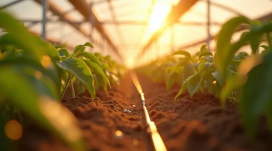 Plantas de tomate y pimiento recibiendo nutrición líquida de precisión en un invernadero de Almería, con goteros y medidores de conductividad eléctrica