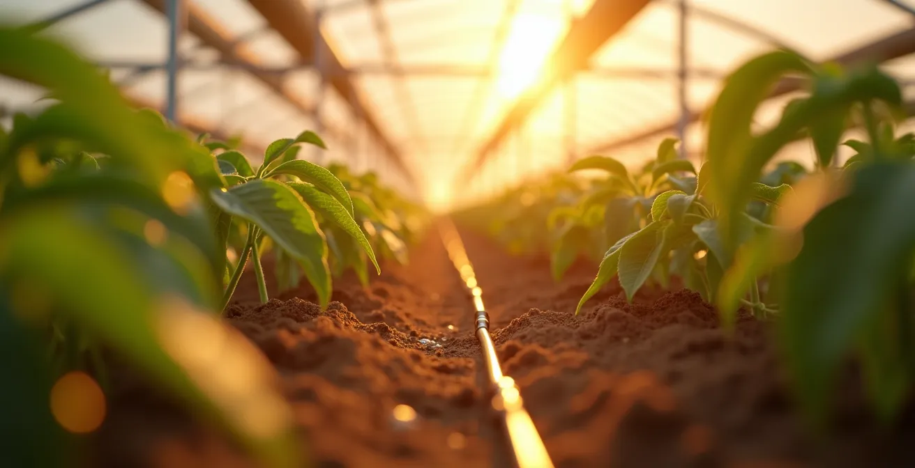 Plantas de tomate y pimiento recibiendo nutrición líquida de precisión en un invernadero de Almería, con goteros y medidores de conductividad eléctrica