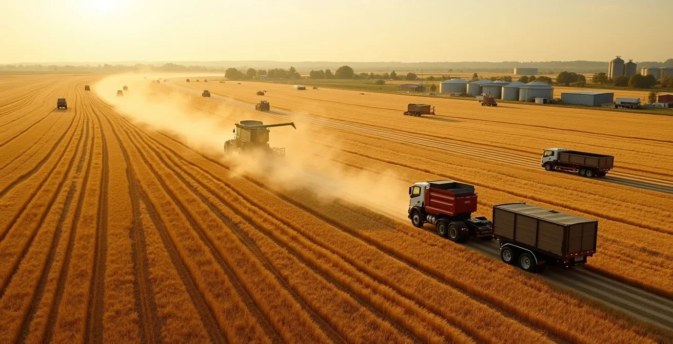 Ilustración de la orquestación logística de cosecha: cosechadoras en campo, remolques, camiones de transporte y silos en horizonte español