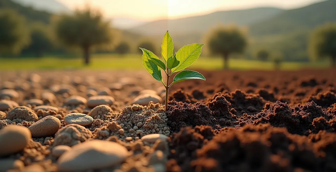Antes y después visual de transformación de suelo: lado izquierdo muestra tierra pálida compactada con pocas raíces; lado derecho muestra tierra oscura rico en materia orgánica con red densa de raíces y microorganismos visibles en contexto agrícola español.
