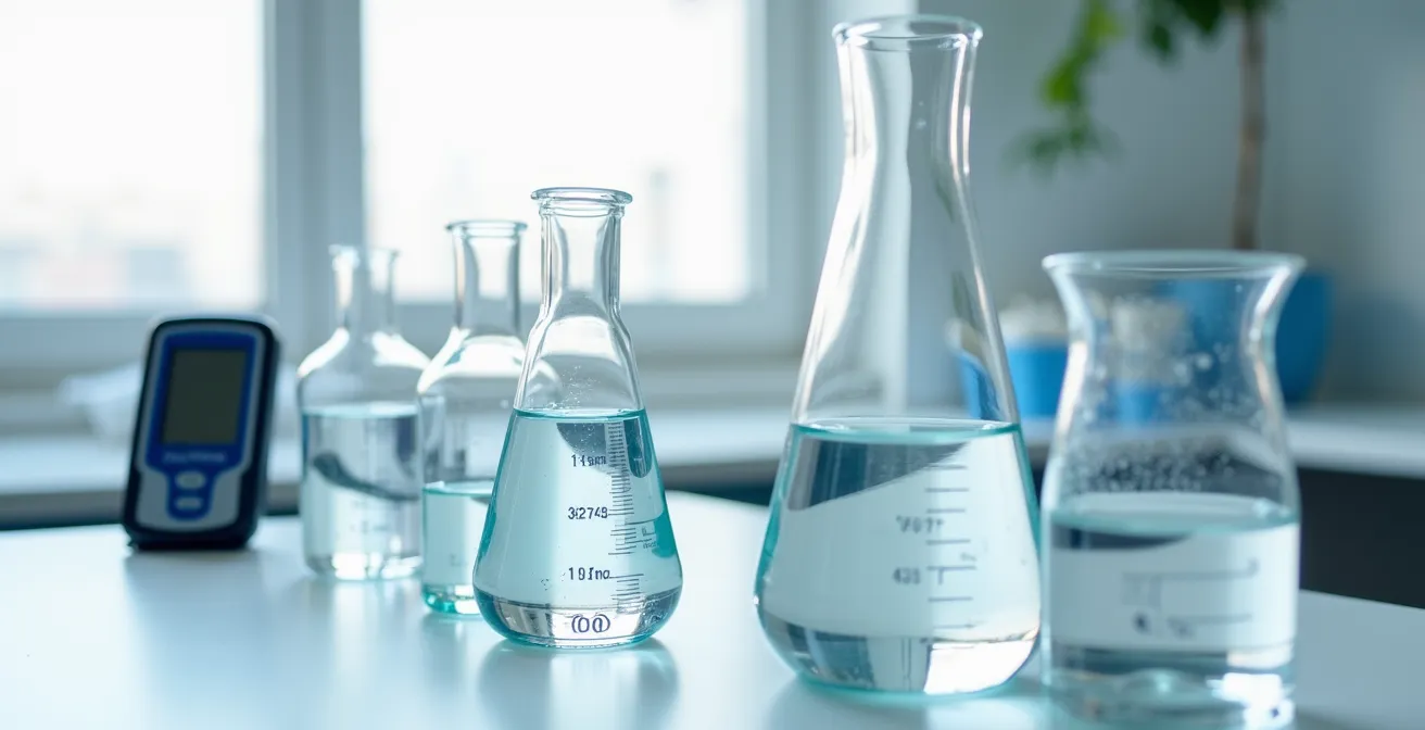 Fotografía de macrografía de equipos de laboratorio mostrando medidores digitales de pH y conductividad eléctrica junto a muestras de agua en recipientes de vidrio translúcido, sin etiquetas visibles.