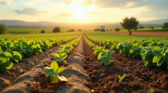 Ilustración editorial de un campo de cultivo español con plantas verdes y saludables, mostrando diferentes fases de crecimiento en una sola composición, con enfoque en nutrientes y fertilización de precisión.