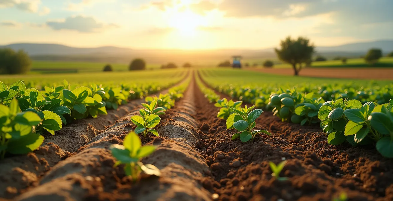 Ilustración editorial de un campo de cultivo español con plantas verdes y saludables, mostrando diferentes fases de crecimiento en una sola composición, con enfoque en nutrientes y fertilización de precisión.
