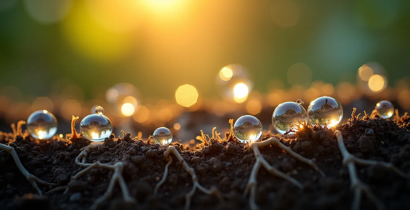 Moléculas de agua con iones minerales interactuando con raíces de plantas en ambiente de invernadero, mostrando absorción de nutrientes
