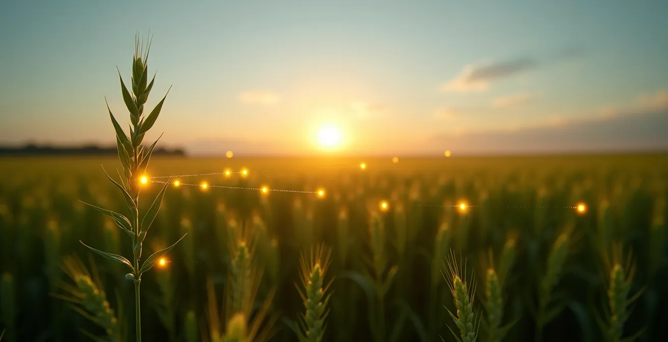 Sensor de pulverización selectiva Weed-IT detectando malezas individuales en campo de cereal mediante fluorescencia de clorofila, gotas de herbicida precisas