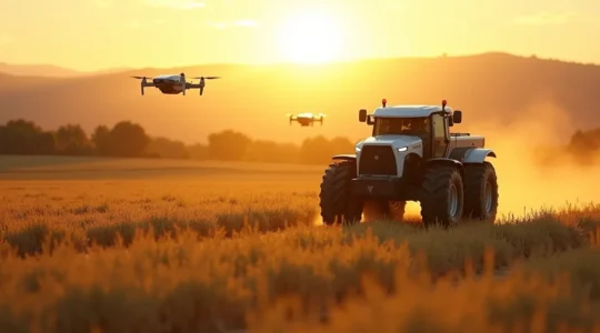 Paisaje agrícola futuro con robots autónomos trabajando en campos de cereales al atardecer, mostrando tecnología de automatización en la agricultura moderna española