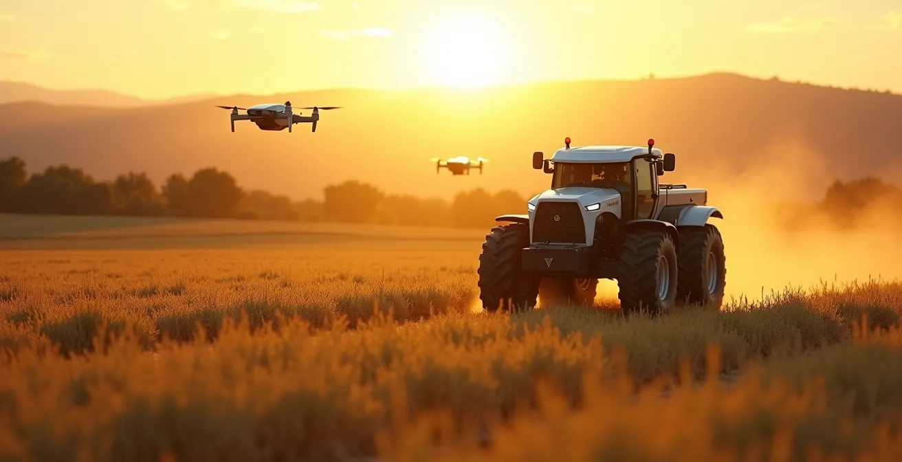 Paisaje agrícola futuro con robots autónomos trabajando en campos de cereales al atardecer, mostrando tecnología de automatización en la agricultura moderna española
