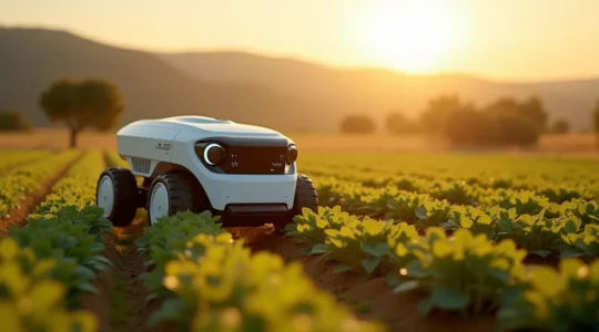 Robot desherbador autónomo con sensores de precisión trabajando en hileras de cultivo en una finca española con paisaje agrícola de fondo