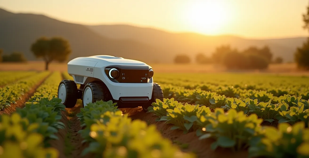 Robot desherbador autónomo con sensores de precisión trabajando en hileras de cultivo en una finca española con paisaje agrícola de fondo